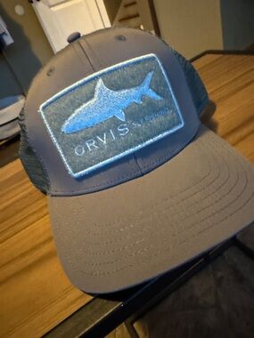 Orvis Gray Trucker Cap with Blue Fish Patch